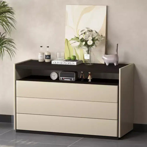 Gaoyangjiaju 47.24 inch. Modern 3 Drawer Dresser with Open Storage Shelf for Bedroom Living Room Two Tone Cream and Dark Wood Media Console Cabinet