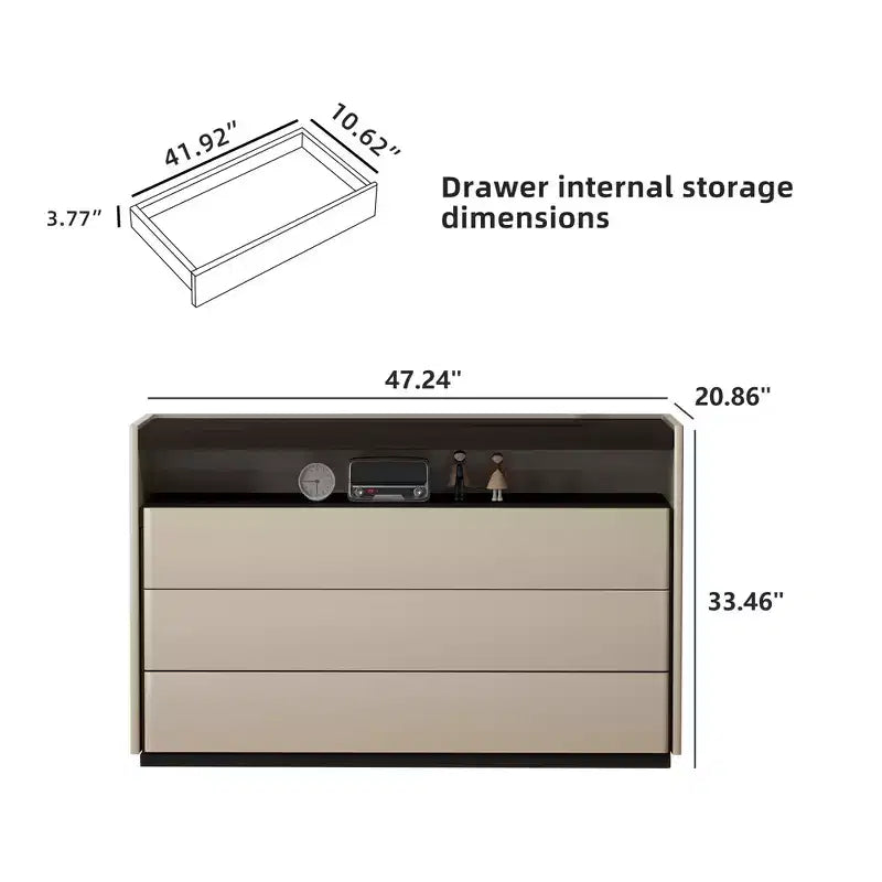 Commode moderne 3 tiroirs avec étagère ouverte, 120 cm – Crème bicolore et bois foncé