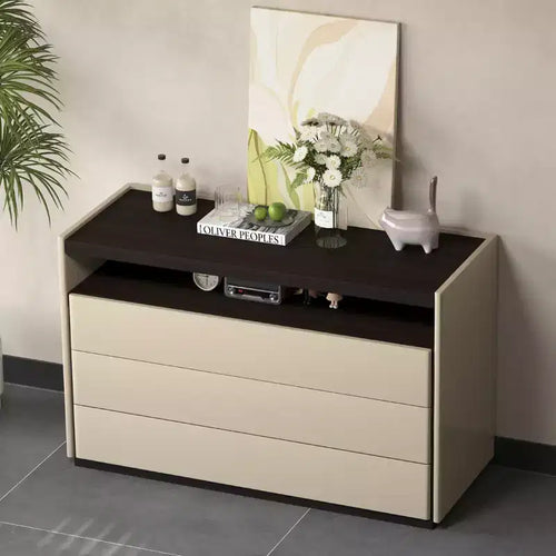 Commode moderne 3 tiroirs avec étagère ouverte, 120 cm – Crème bicolore et bois foncé