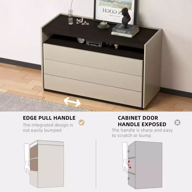 Commode moderne 3 tiroirs avec étagère ouverte, 120 cm – Crème bicolore et bois foncé