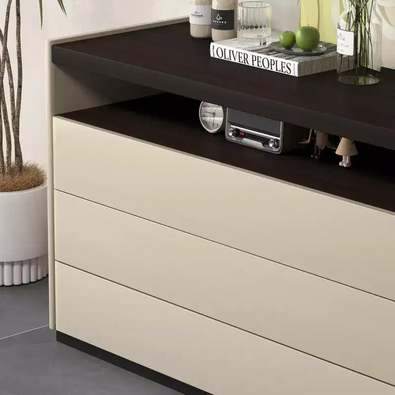 Commode moderne 3 tiroirs avec étagère ouverte, 120 cm – Crème bicolore et bois foncé