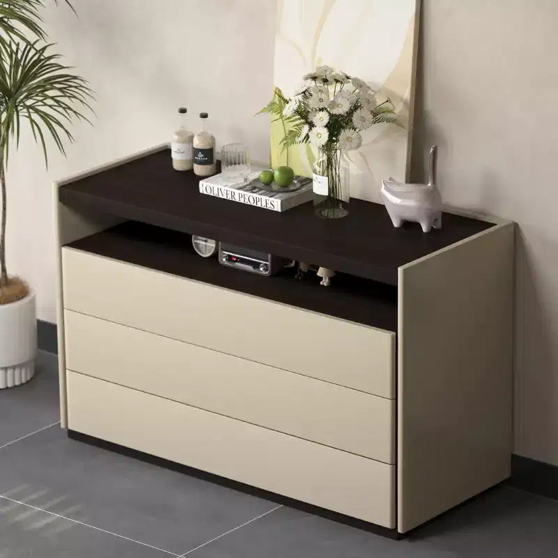 Commode moderne 3 tiroirs avec étagère ouverte, 120 cm – Crème bicolore et bois foncé