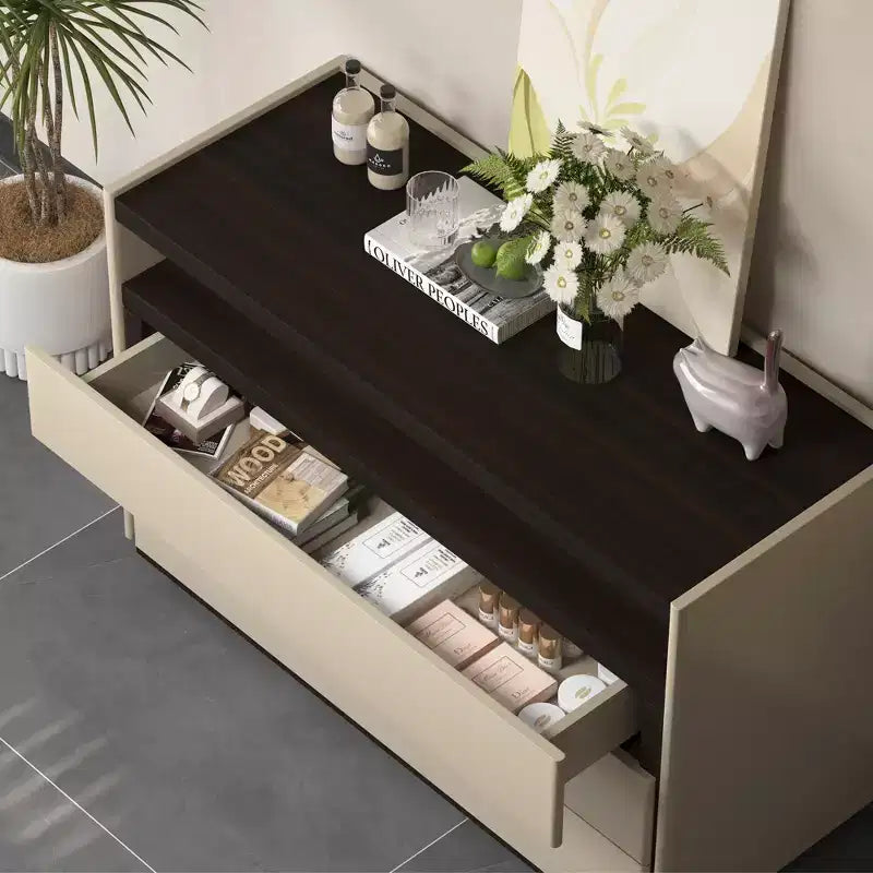 Commode moderne 3 tiroirs avec étagère ouverte, 120 cm – Crème bicolore et bois foncé