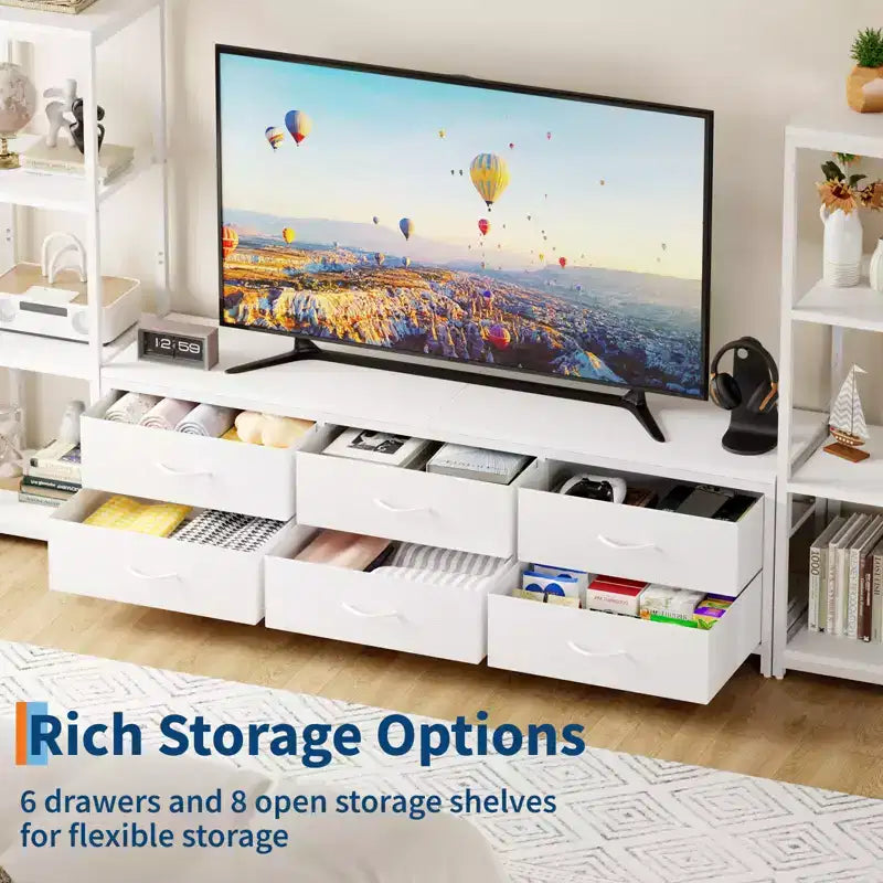 Meuble TV avec 6 tiroirs en tissu et 2 étagères industrielles à 4 niveaux, centre de divertissement pour téléviseur de 75 pouces