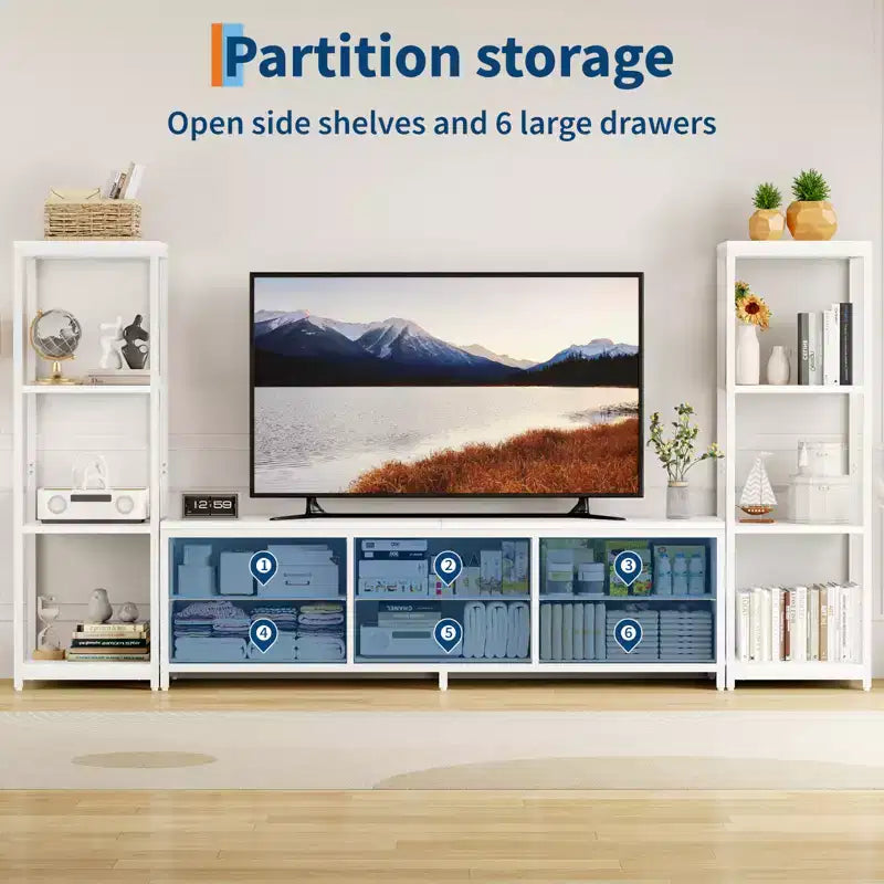 Meuble TV avec 6 tiroirs en tissu et 2 étagères industrielles à 4 niveaux, centre de divertissement pour téléviseur de 75 pouces