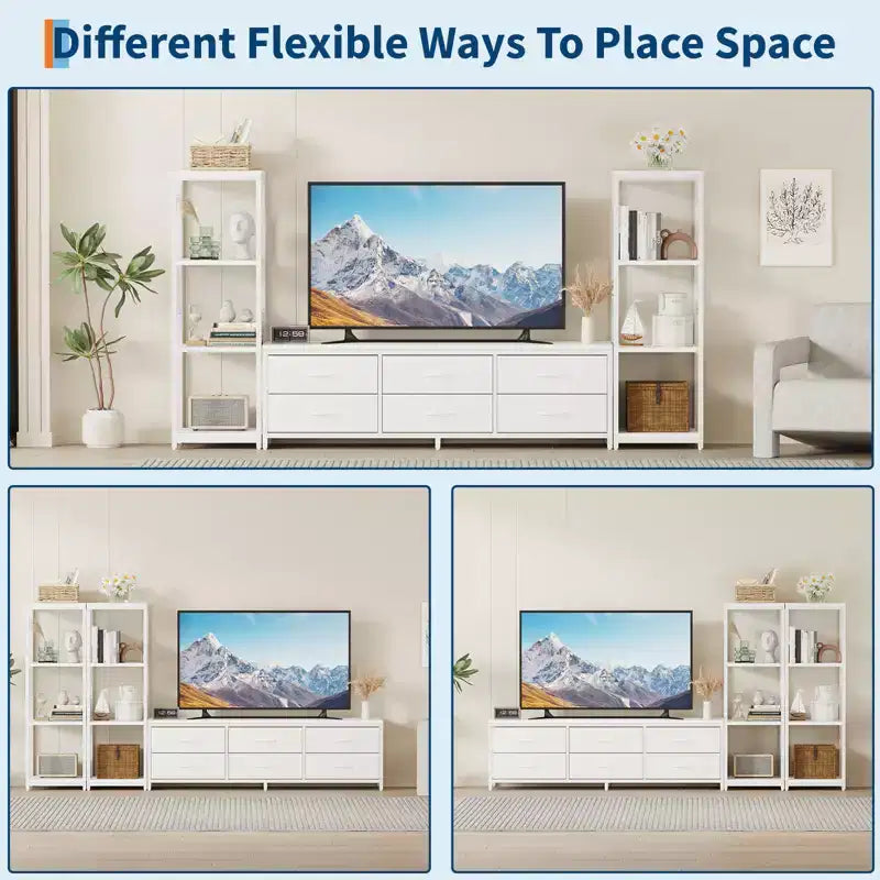 Meuble TV avec 6 tiroirs en tissu et 2 étagères industrielles à 4 niveaux, centre de divertissement pour téléviseur de 75 pouces