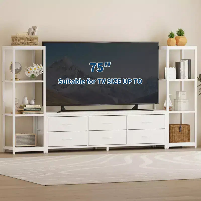 Meuble TV avec 6 tiroirs en tissu et 2 étagères industrielles à 4 niveaux, centre de divertissement pour téléviseur de 75 pouces