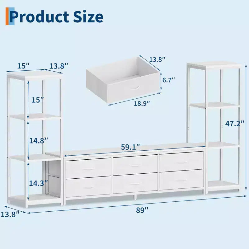 Meuble TV avec 6 tiroirs en tissu et 2 étagères industrielles à 4 niveaux, centre de divertissement pour téléviseur de 75 pouces