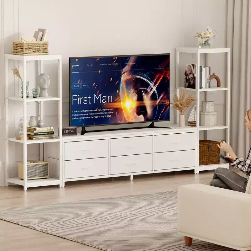 Meuble TV avec 6 tiroirs en tissu et 2 étagères industrielles à 4 niveaux, centre de divertissement pour téléviseur de 75 pouces