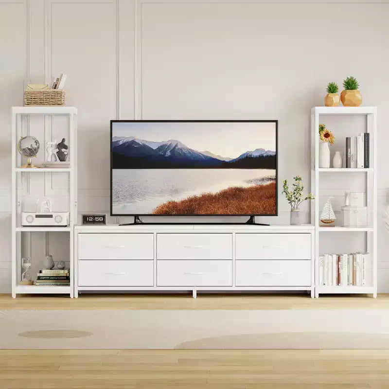 Meuble TV avec 6 tiroirs en tissu et 2 étagères industrielles à 4 niveaux, centre de divertissement pour téléviseur de 75 pouces