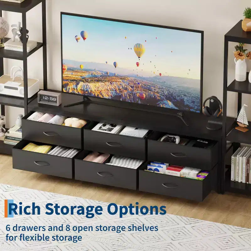 Meuble TV avec 6 tiroirs en tissu et 2 étagères industrielles à 4 niveaux, centre de divertissement pour téléviseur de 75 pouces