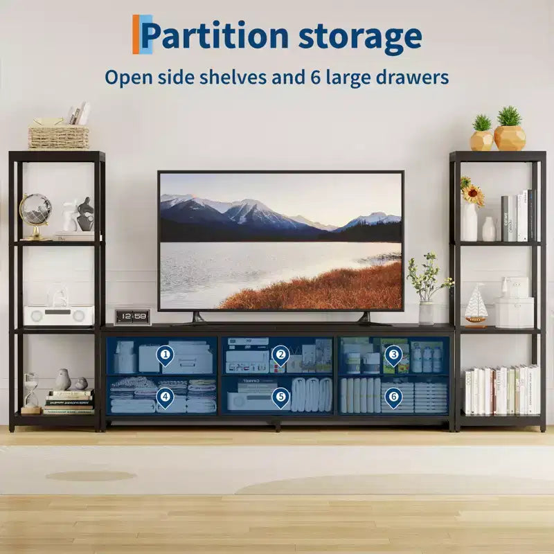 Meuble TV avec 6 tiroirs en tissu et 2 étagères industrielles à 4 niveaux, centre de divertissement pour téléviseur de 75 pouces