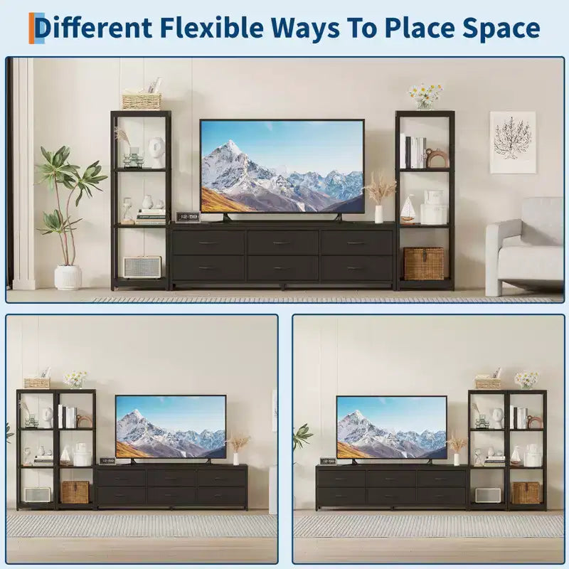 Meuble TV avec 6 tiroirs en tissu et 2 étagères industrielles à 4 niveaux, centre de divertissement pour téléviseur de 75 pouces