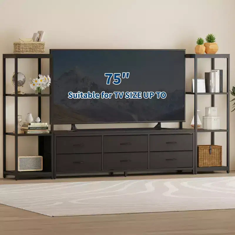 Meuble TV avec 6 tiroirs en tissu et 2 étagères industrielles à 4 niveaux, centre de divertissement pour téléviseur de 75 pouces