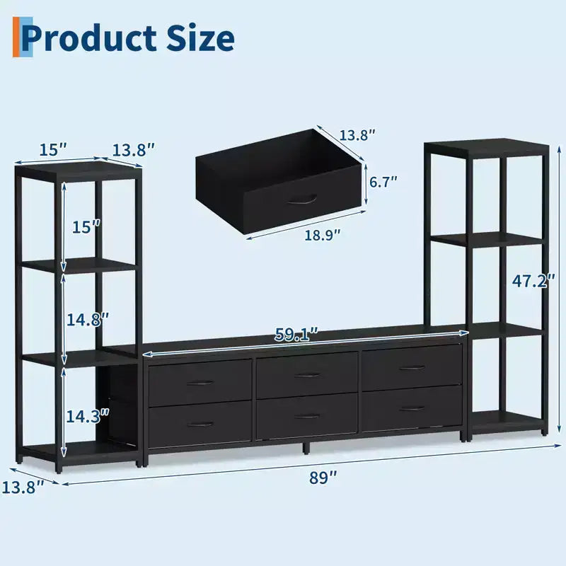 Meuble TV avec 6 tiroirs en tissu et 2 étagères industrielles à 4 niveaux, centre de divertissement pour téléviseur de 75 pouces