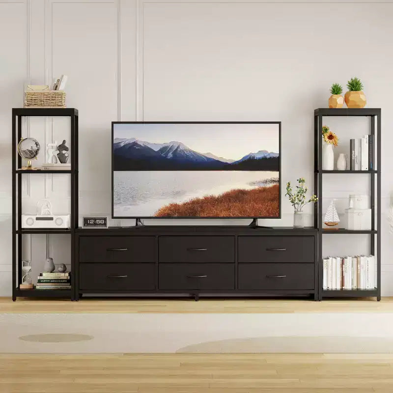 Meuble TV avec 6 tiroirs en tissu et 2 étagères industrielles à 4 niveaux, centre de divertissement pour téléviseur de 75 pouces