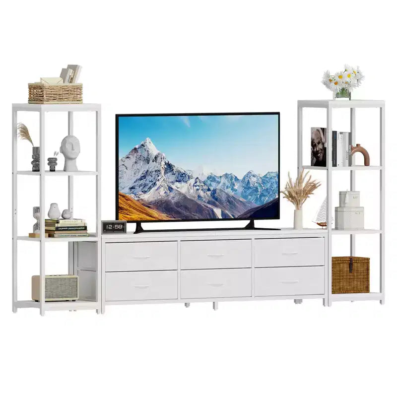 Meuble TV avec 6 tiroirs en tissu et 2 étagères industrielles à 4 niveaux, centre de divertissement pour téléviseur de 75 pouces