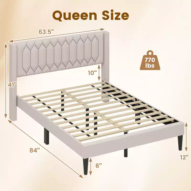 Cadre de lit Queen Size, lit plateforme rembourré en velours hollandais avec tête de lit à ailerons