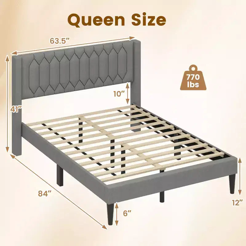 Cadre de lit Queen Size, lit plateforme rembourré en velours hollandais avec tête de lit à ailerons