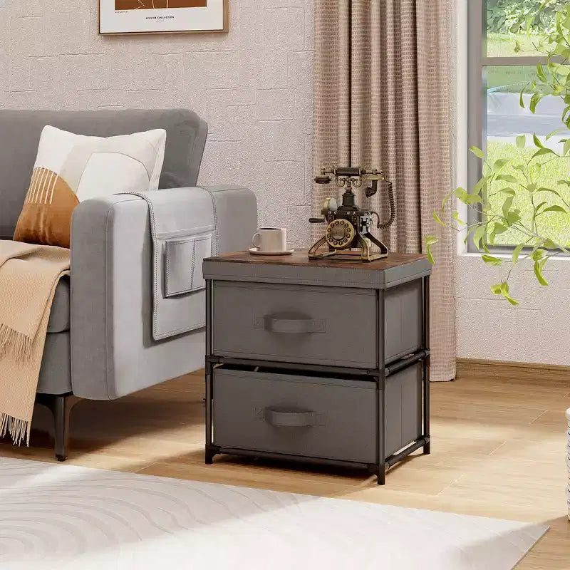 Commode à 2 tiroirs, meuble de rangement en tissu, table de chevet, table d'appoint pour canapé – Gris et marron rustique