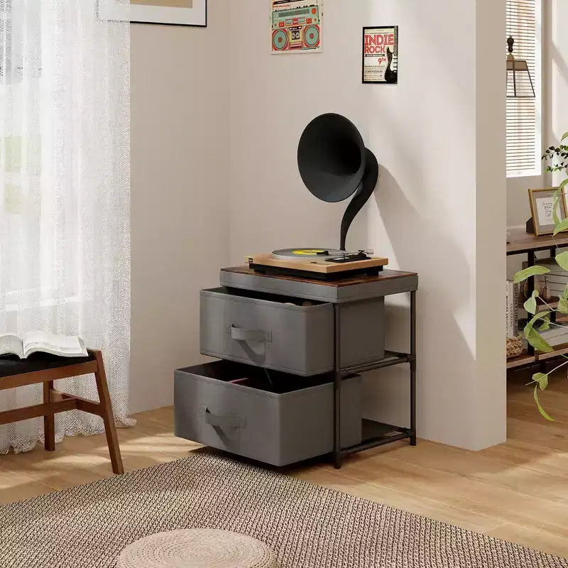 Commode à 2 tiroirs, meuble de rangement en tissu, table de chevet, table d'appoint pour canapé – Gris et marron rustique