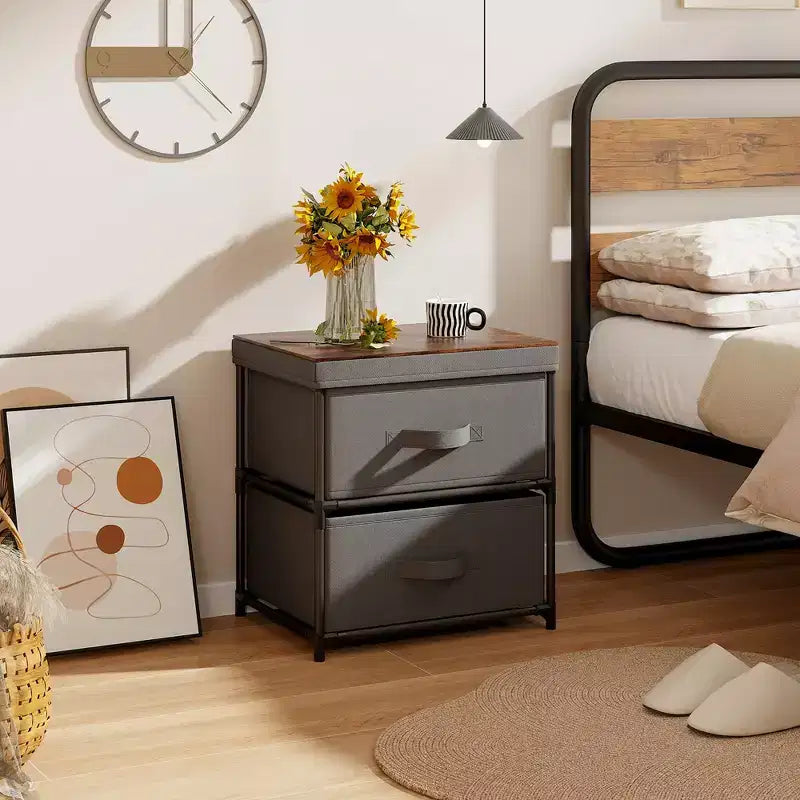 Commode à 2 tiroirs, meuble de rangement en tissu, table de chevet, table d'appoint pour canapé – Gris et marron rustique
