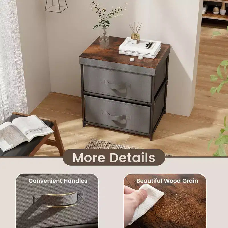 Commode à 2 tiroirs, meuble de rangement en tissu, table de chevet, table d'appoint pour canapé – Gris et marron rustique