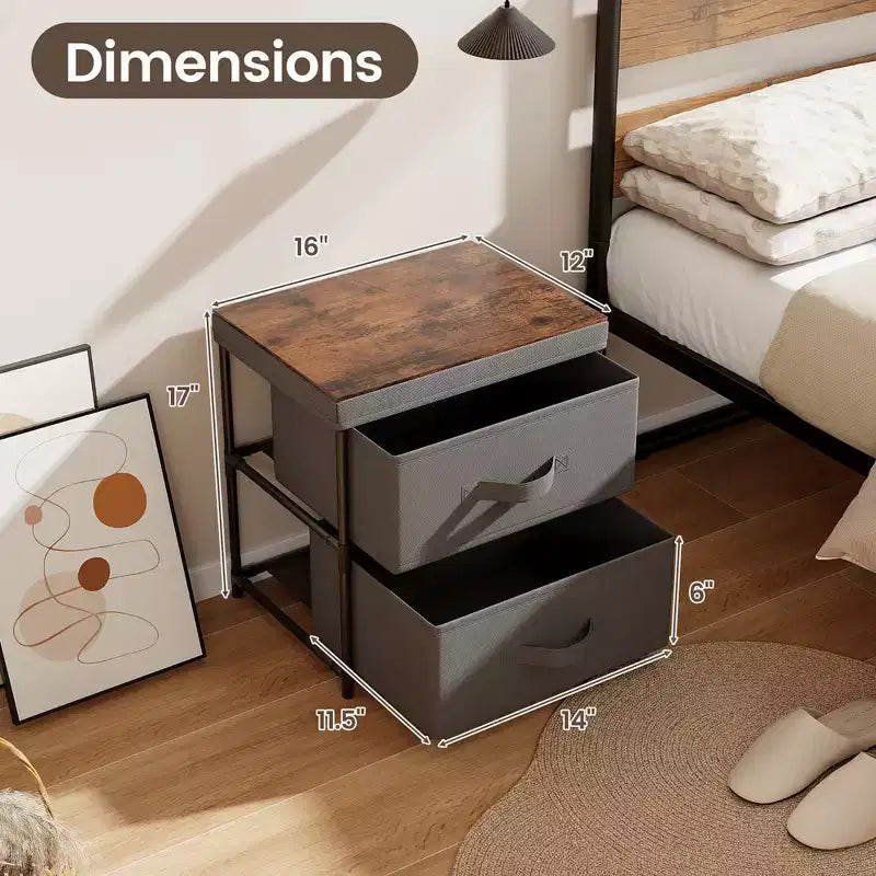 Commode à 2 tiroirs, meuble de rangement en tissu, table de chevet, table d'appoint pour canapé – Gris et marron rustique