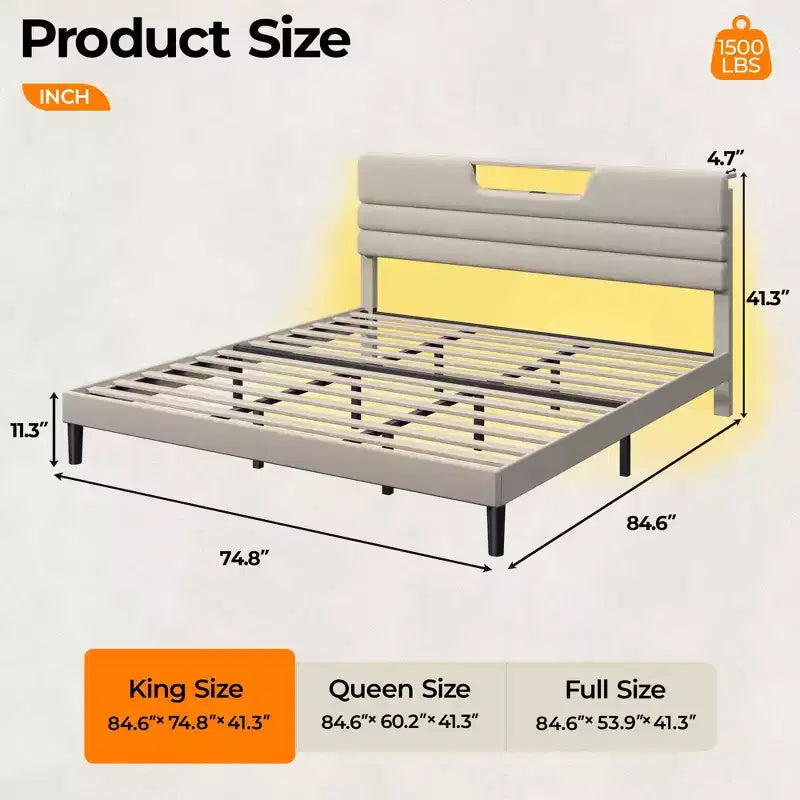 Cadre de lit plateforme King Beige rembourré avec lumières LED et station de recharge