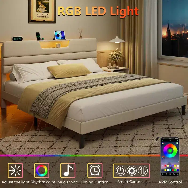 Cadre de lit plateforme King Beige rembourré avec lumières LED et station de recharge