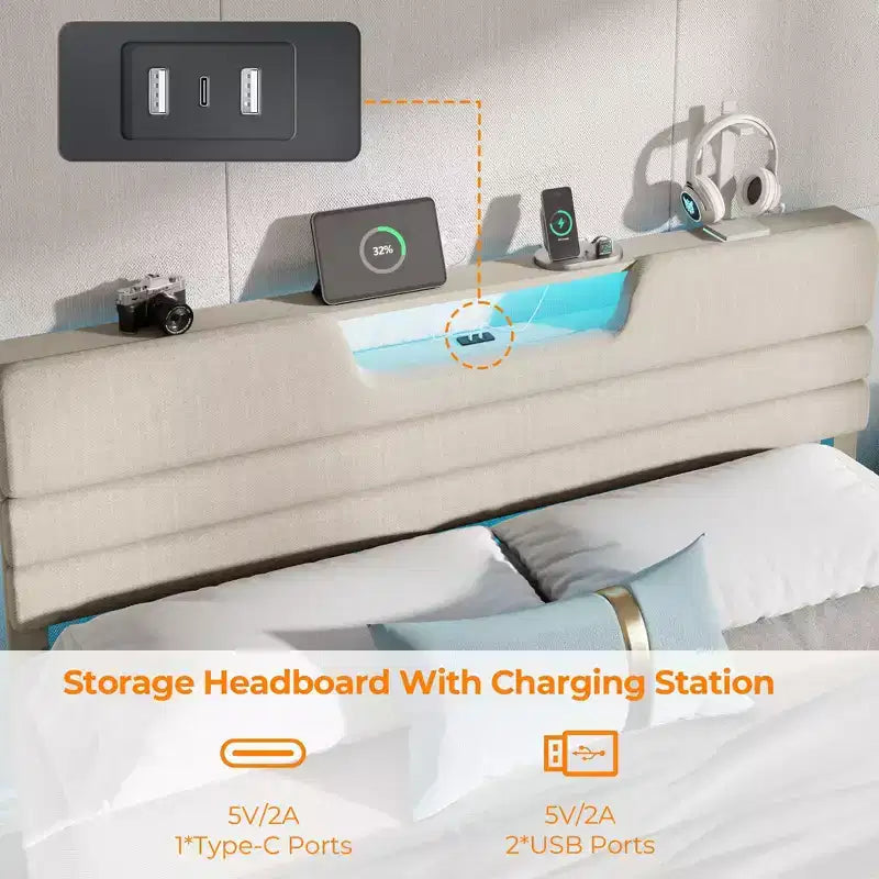 Cadre de lit plateforme King Beige rembourré avec lumières LED et station de recharge
