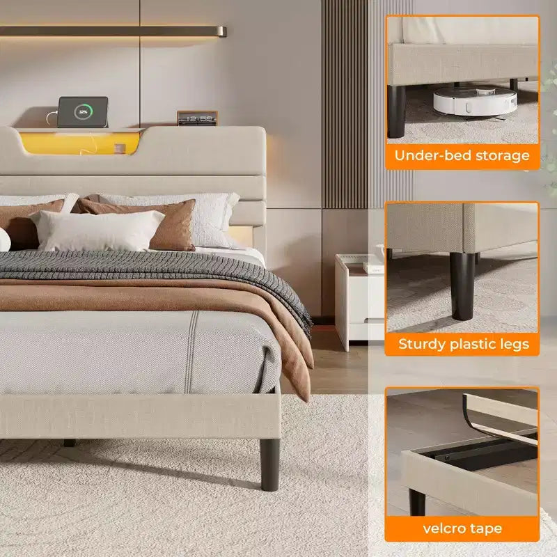 Cadre de lit plateforme King Beige rembourré avec lumières LED et station de recharge