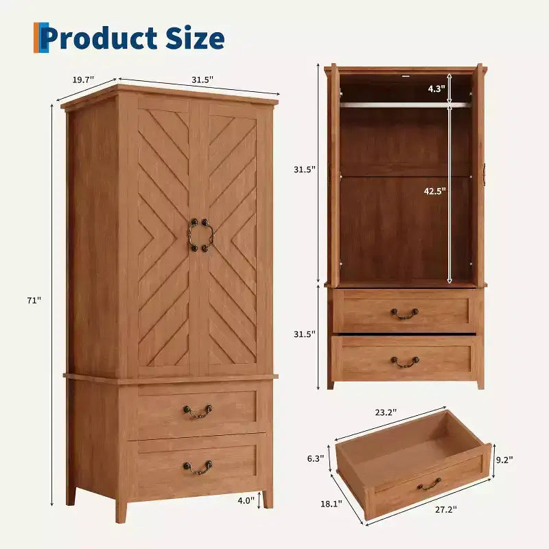 Armoire de Rangement Haute 180 cm en V avec 2 Portes et Tiroirs, Meuble d'Entrée Autonome en Bois Style Ferme, Marron Rustique