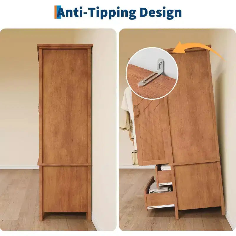 Armoire de Rangement Haute 180 cm en V avec 2 Portes et Tiroirs, Meuble d'Entrée Autonome en Bois Style Ferme, Marron Rustique