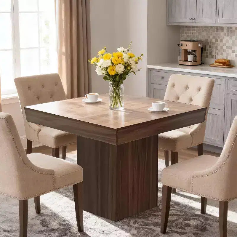 Table de salle à manger carrée de 80 cm pour 4 personnes, avec base moderne en bois