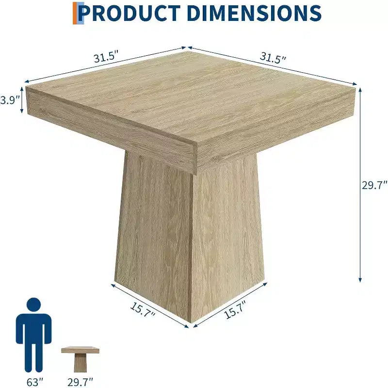 Table de salle à manger carrée de 80 cm pour 4 personnes, avec base moderne en bois