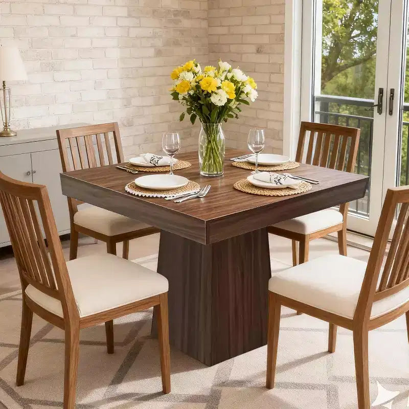 Table de salle à manger carrée de 80 cm pour 4 personnes, avec base moderne en bois