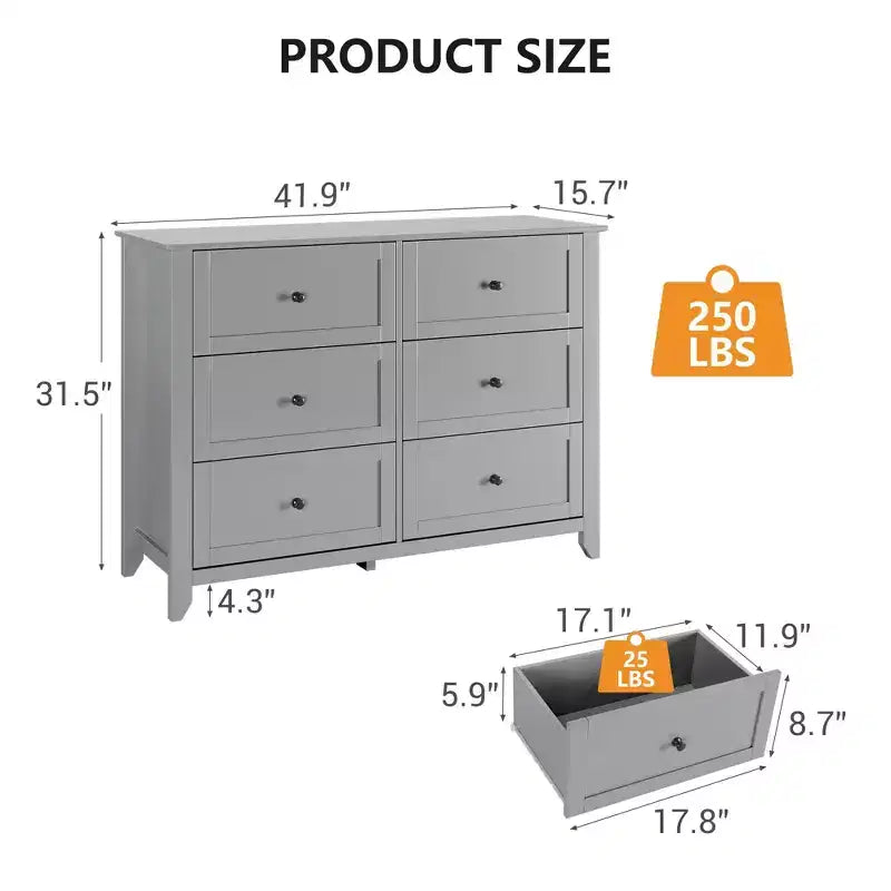 Commode à 6 tiroirs pour chambre à coucher avec tiroirs profonds et poignées métalliques