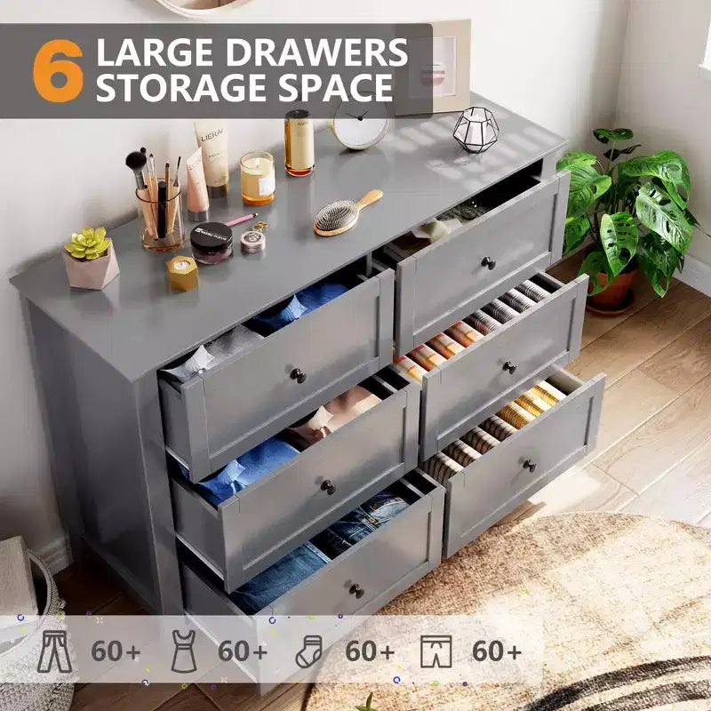 Commode à 6 tiroirs pour chambre à coucher avec tiroirs profonds et poignées métalliques