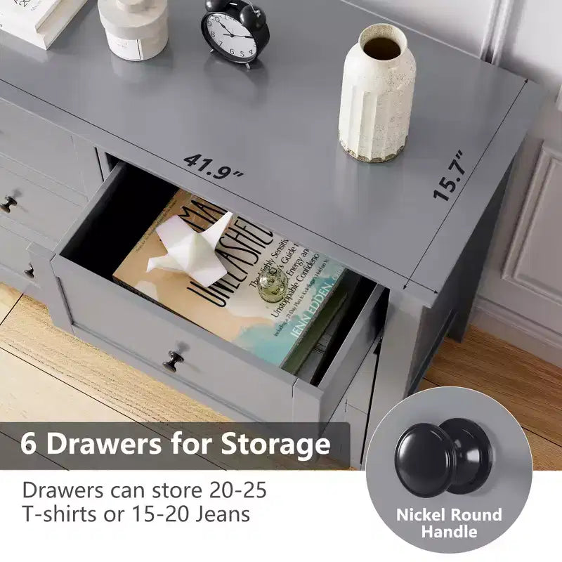 Commode à 6 tiroirs pour chambre à coucher avec tiroirs profonds et poignées métalliques