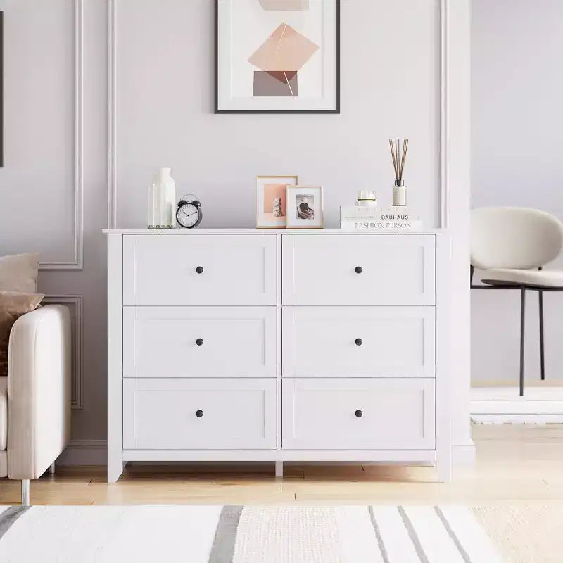 Commode à 6 tiroirs pour chambre à coucher avec tiroirs profonds et poignées métalliques