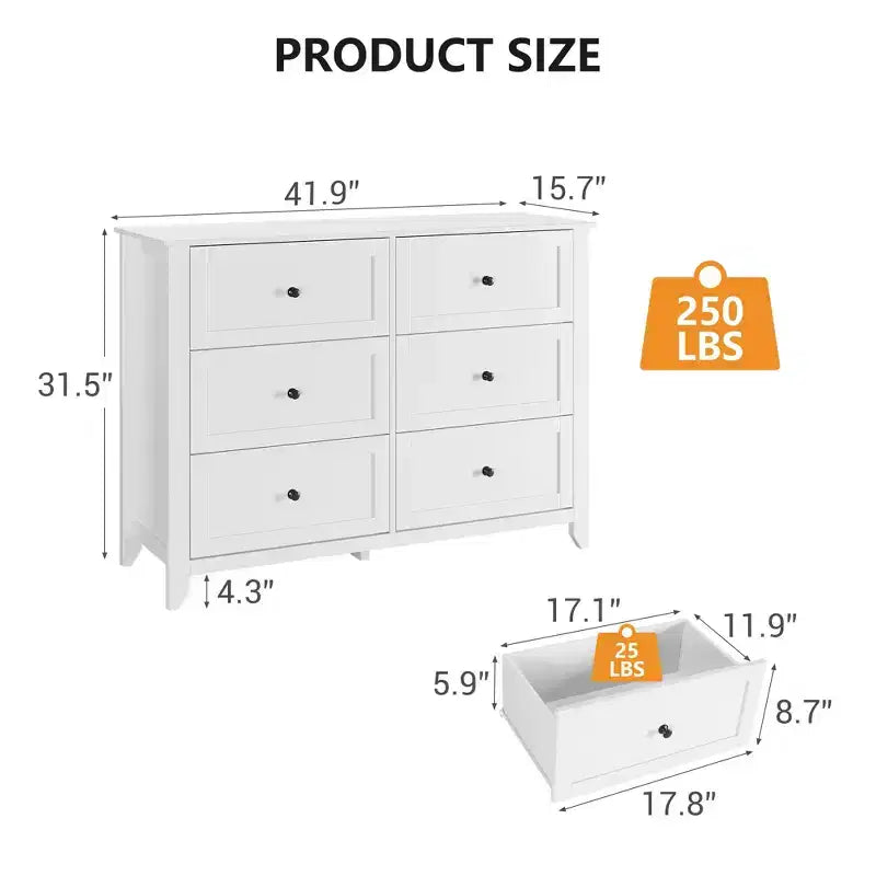 Commode à 6 tiroirs pour chambre à coucher avec tiroirs profonds et poignées métalliques