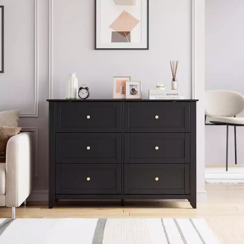 Commode à 6 tiroirs pour chambre à coucher avec tiroirs profonds et poignées métalliques