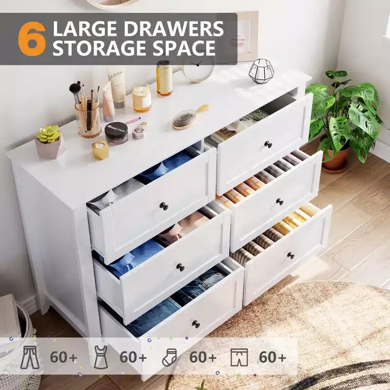 Commode à 6 tiroirs pour chambre à coucher avec tiroirs profonds et poignées métalliques