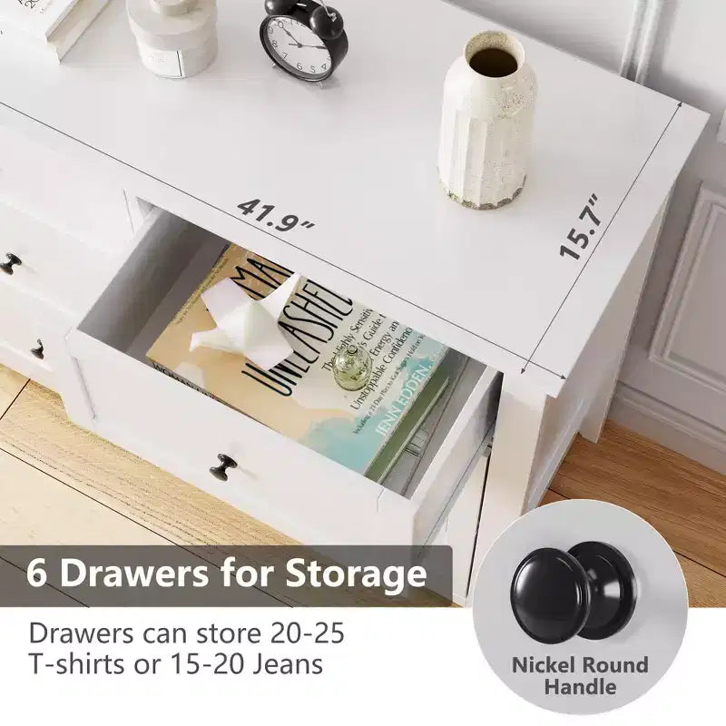 Commode à 6 tiroirs pour chambre à coucher avec tiroirs profonds et poignées métalliques