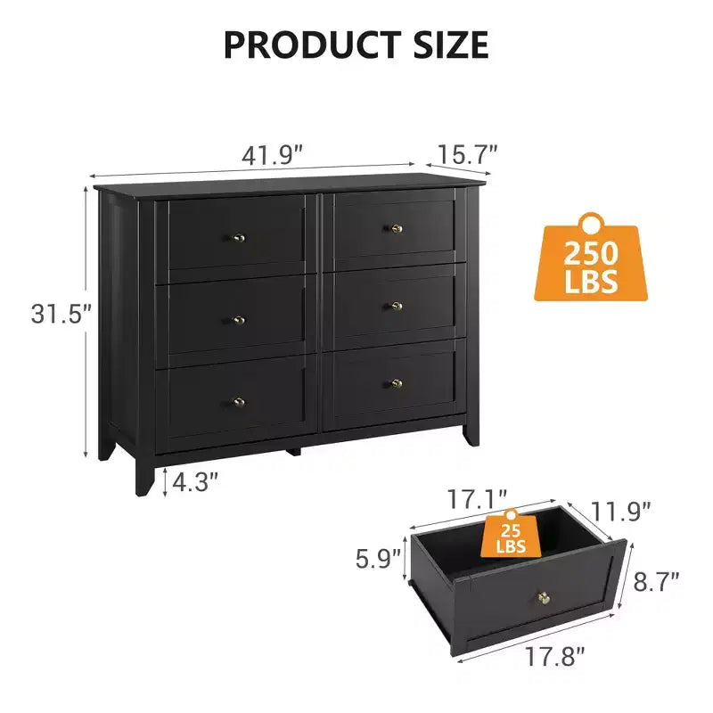 Commode à 6 tiroirs pour chambre à coucher avec tiroirs profonds et poignées métalliques