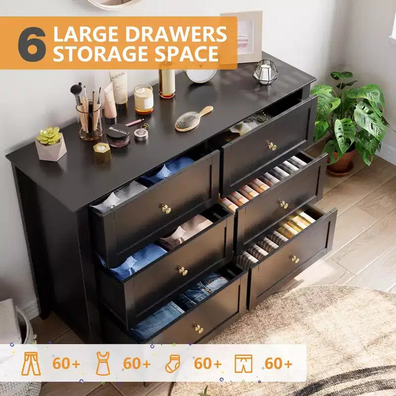 Commode à 6 tiroirs pour chambre à coucher avec tiroirs profonds et poignées métalliques