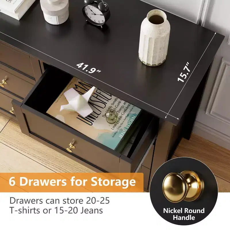 Commode à 6 tiroirs pour chambre à coucher avec tiroirs profonds et poignées métalliques