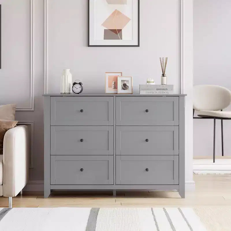 Commode à 6 tiroirs pour chambre à coucher avec tiroirs profonds et poignées métalliques