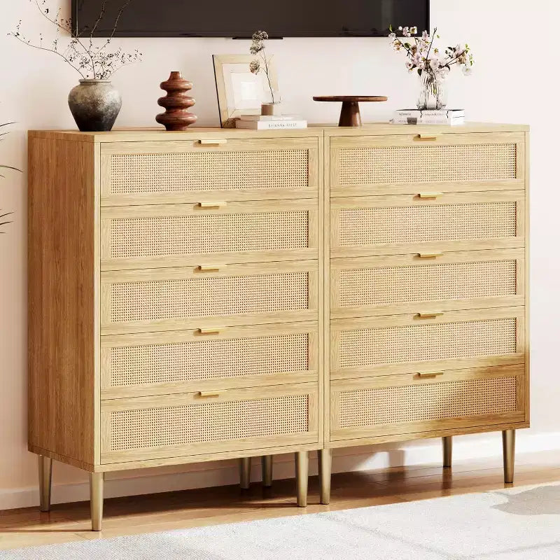 Commode en rotin à 5 tiroirs, armoire de rangement de style ferme de 112 cm de hauteur avec pieds en métal pour chambre à coucher et salon